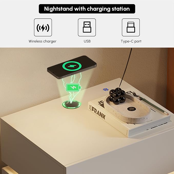 homary LED Smart Nightstand Set of 2 with Wireless Charging, USB & Type-C Ports – Modern White Bedside Table with Storage and Adjustable Light, Bedroom Night Stand with 3-Drawer - Image 3
