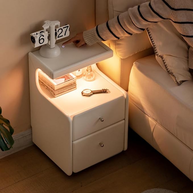 White Wood Nightstand Set of 2, Modern Nightstands with LED Light, Rolling Side Table with Storage, Small Bedside Table for Bedroom or Dorm, 21.9" H - Image 2