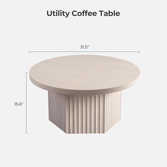 SICOTAS 32" Modern Round Coffee Table, Mid Century Fluted Coffee Table with Storage, Accent Center Table for Living Room, Small Space, Apartment, White Alder