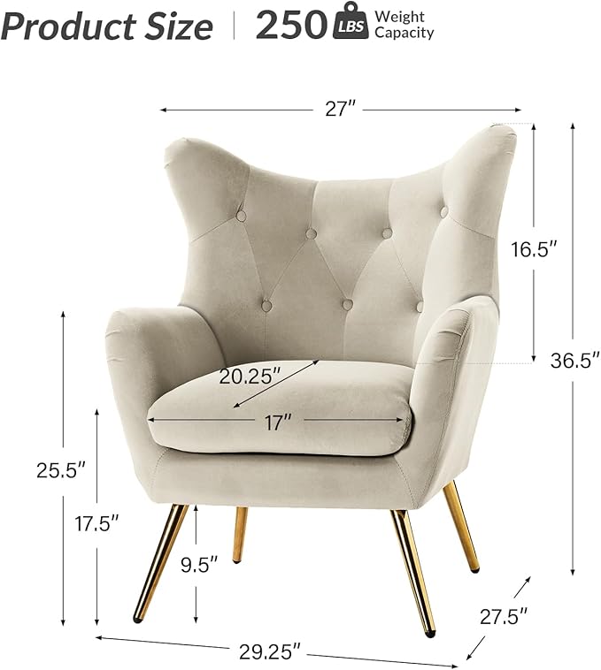 HULALA HOME Velvet Accent Chair Set of 2, Modern Wingback Armchair with Metal Gold Legs, Velvet Tufted Upholstered for Living Room Bedroom(TAN)