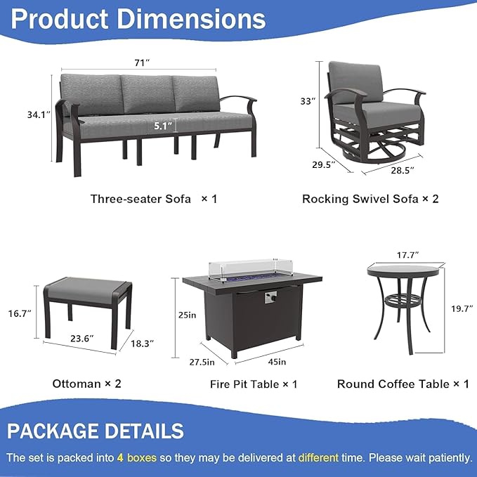 Aluminum Patio Furniture Set with Fire Pit Table, 7 Seats Outdoor Patio Conversation Sets with Swivel Chair Modern Metal Sectional Sofa with Upgrade Cushions for Patio, Backyard - Grey