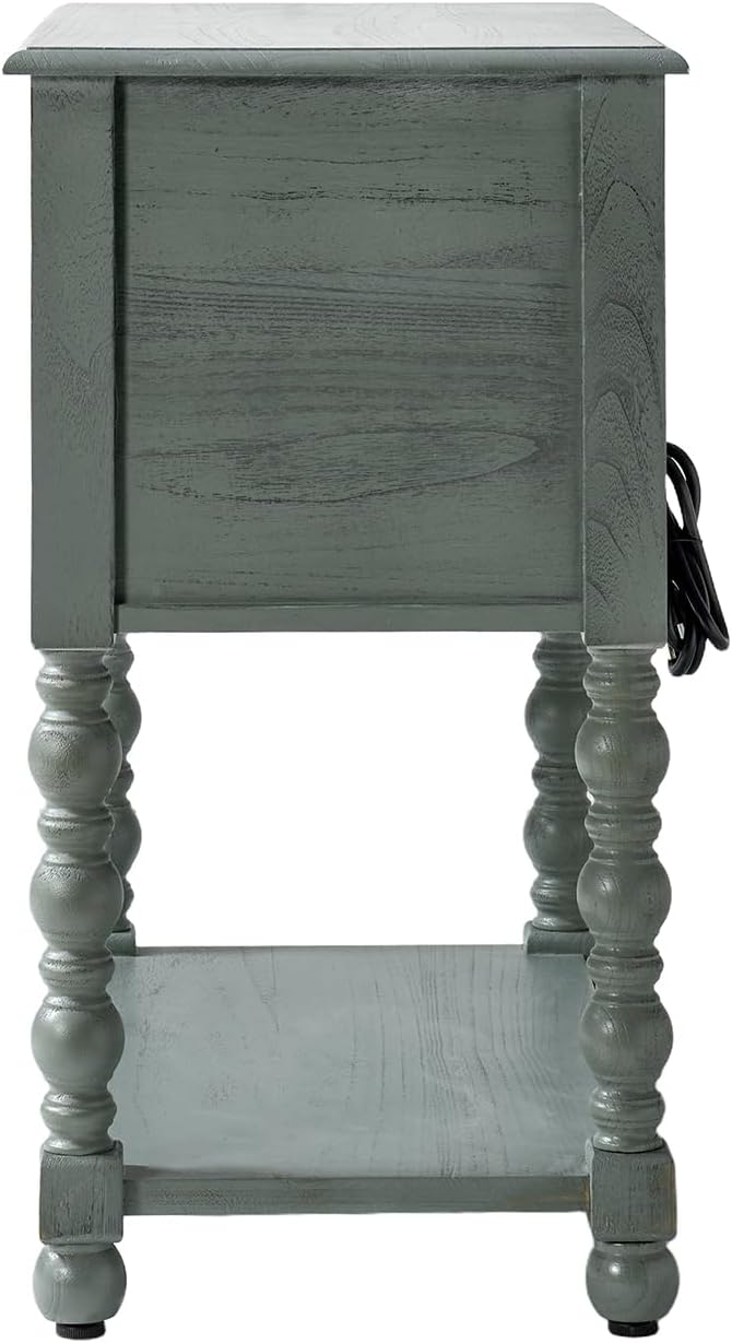 HULALA HOME Farmhouse Storage End Table with 2 Drawers and Open Shelf, Solid Wood Side Table with Spindle Legs, End Table with Charging Station (Blue) - Image 9