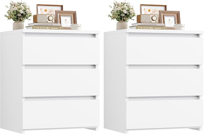 FOTOSOK Nightstand Set of 2 White Nightstand with 3 Drawers, White Bedside Table Night Stand for Bedroom with Cut-Out Handle, Sofa Side Table for Bedroom, 17.7W*15D*21.7H by FOTOSOK