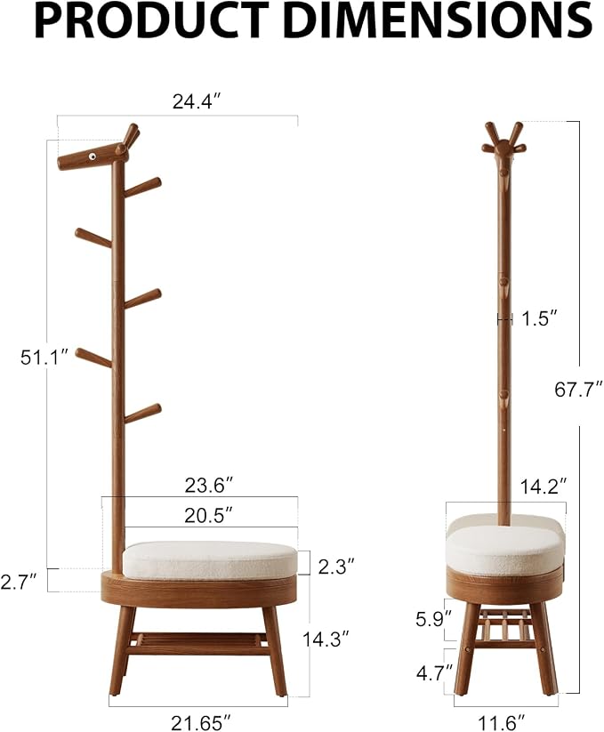 AQIMUELE Entryway Shoe Rack with Coat Rack, Wooden Shoe Bench with Upholstered Cushion, 3-in-1, 2-Tier Shoe Storage and Cute Animal Hooks for Entryway, Hallway, Closet (Walnut 24.4") - Image 2