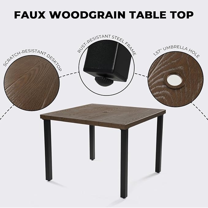 Grand patio 5-Piece Outdoor Dining Set for 4, Metal Woven Wicker Swivel Patio Chairs with Thickened Cushions & 1 Square Woodgrain Dining Table with Umbrella Hole for Backyard Deck (Black) - Image 4