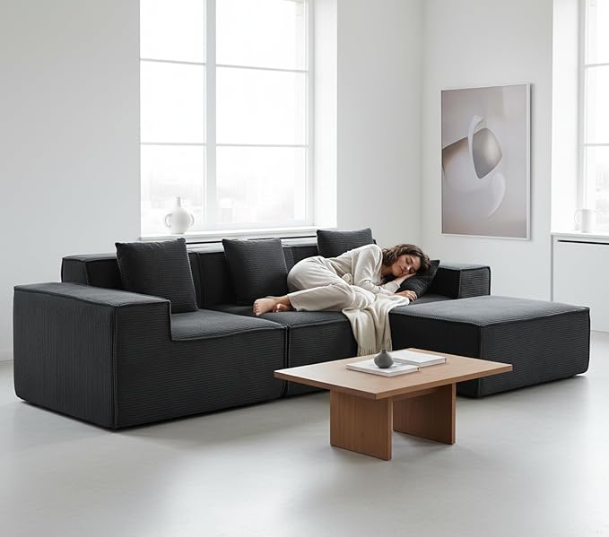 Rowan Convertible Corduroy Sectional Couch with Ottoman & Pillows, Modular L Shaped Sleeper Sofa, Boneless Cloud Couch for Living Room Furniture, Black