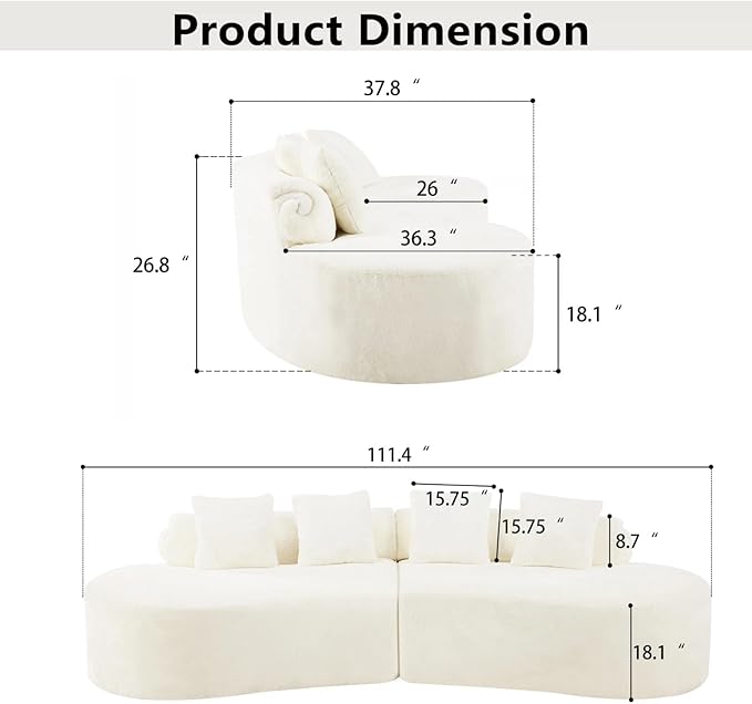 Curved Multi-Seater Sofa, Modern Modular Sofa with Cylindrical Backrest & 4 Coordinating Pillows, 111'' Flannelette Leisure Combination Couch with Ergonomic Design for Living Room, White