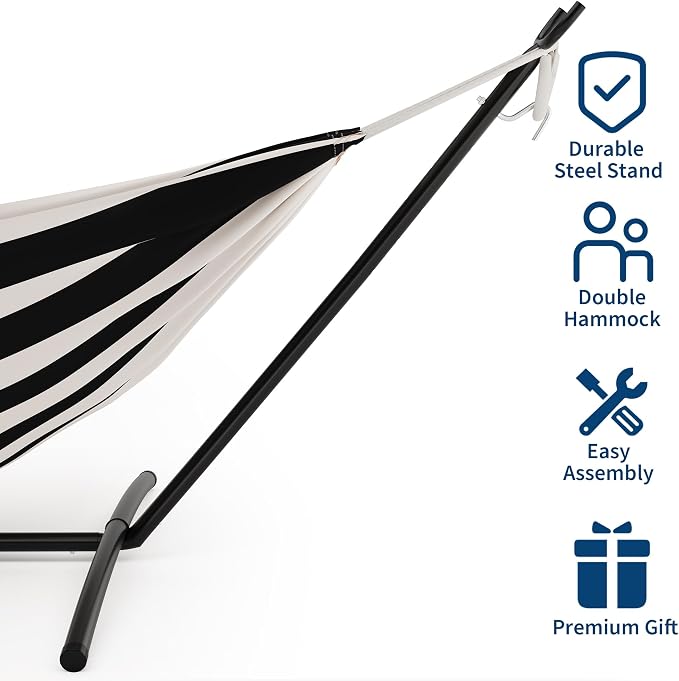 Double Hammock with Steel Stand - 2 Person Hammock Bed Indoor Outdoor, Brazilian-Style, with Carry Bag, 450lb Capacity, Portable & Easy Assembly, Black - Image 4