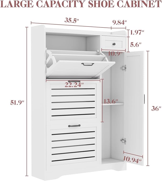 Narrow Shoe Storage Cabinet with 3 Flip Drawers, Doors & Adjustable Shelves, Slim Shoe Rack Cabinet for Entryway Closet, Deodorizing Wooden Boot Storage Organizer Freestanding Hidden, White - Image 2
