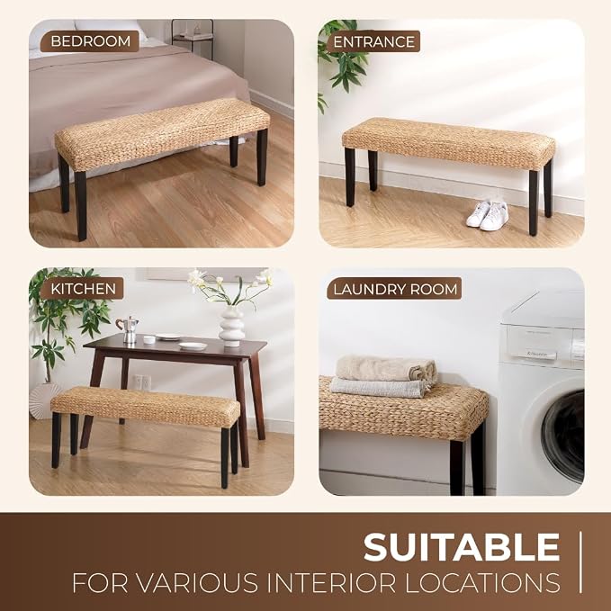 End of Bed Bench for Bedroom, 47" Entryway Bench with Solid Wood Acacia, Water Hyacinth Indoor Bench Seat, Boho Woven Bench for Living Room, Wicker Bench for Hallway or Kitchen, Wood Bench (Black Leg) - Image 9