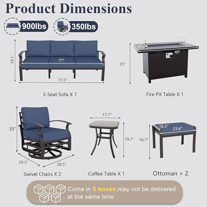 ALAULM Aluminum Patio Furniture Set with Propane Fire Pit Table 7-seat Metal Outdoor Furniture w/Swivel Chairs Patio Sectional Sofas w/2 Ottomans for Porch, Backyard, Poolside-Dark Blue