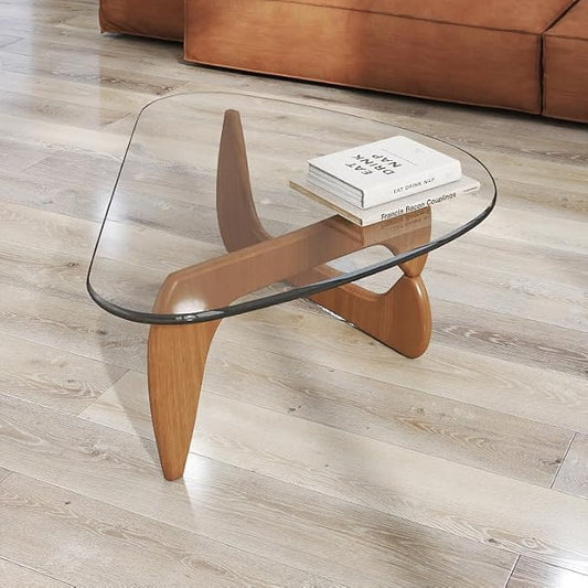 Glass Coffee Table Modern Coffee Table for Living Room, Farmhouse Mid Century Center Tables with Tempered Glass Top and Wooden Base,Rustic Walnut Brown Tea Tables for Small Space