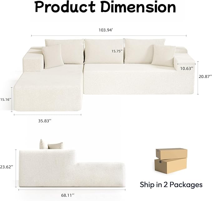 104” Sectional Cloud Couch, L-Shape Compressed Sofa with Right Chaise Lounge, Modular Cloud Couch with 2 Pillows & Deep Seat, Rain Drop Velvet Upholstered Floor Sofa for Living Room, Beige