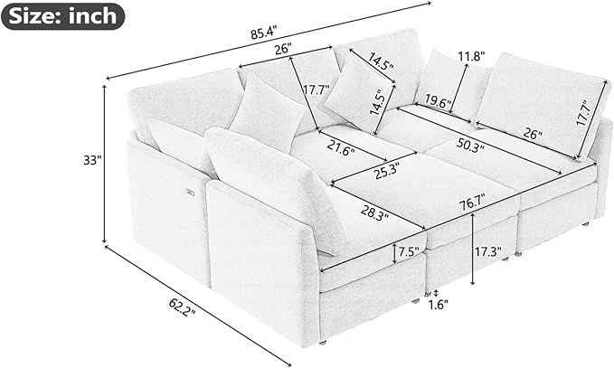 6 Seater Reversible Modular Sectional Sofa Convertible Sleeper Couch Bed , Free Combination Chenille Upholstered Corner Sofa&Couches with USB Ports and Detachable Cushions for Living Room Furniture