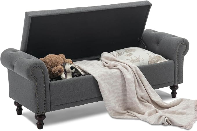 SOFTHION 58.1" Storage Bench Upholstered Linen End of Bedroom Bed Bench Ottoman with Tufted Cushioned Rolled Arm Large Storage Space for Reading Living Room Entryway, Grey by SofthionDesign