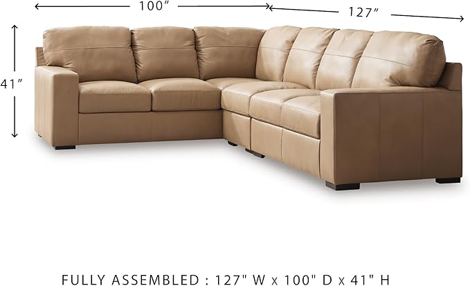 Signature Design by Ashley Bandon Modern Leather Match Left-Arm Facing 3-Piece Sectional with Removable Cushions and Armrest, Light Brown