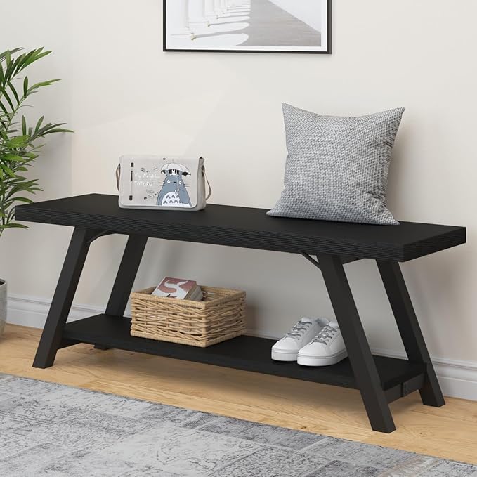 LVB Black Bench, Modern Storage Bench for Bedroom, Wood Metal Entryway Bench for Hallway Dining Living Room, Famrhouse Shoe Rack Indoor Accent Seating Benchs for Foyer Entrance, Black Oak 47 Inch Long by LVB