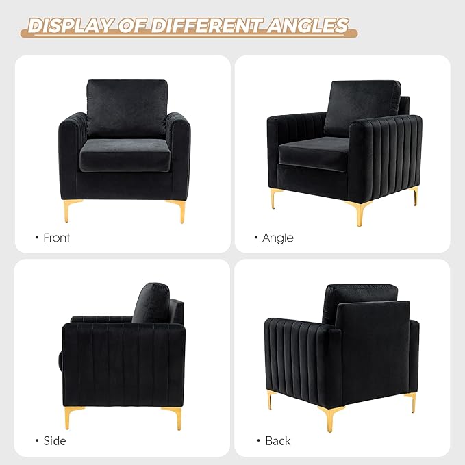 HULALA HOME Velvet Accent Club Chairs Set of 2, Modern Velvet Armchair Upholstered Accent Club Chairs Sofa Chairs with Gold Metal Legs Mid-Century Barrel Leisure Comfy Reading Armchair, Black