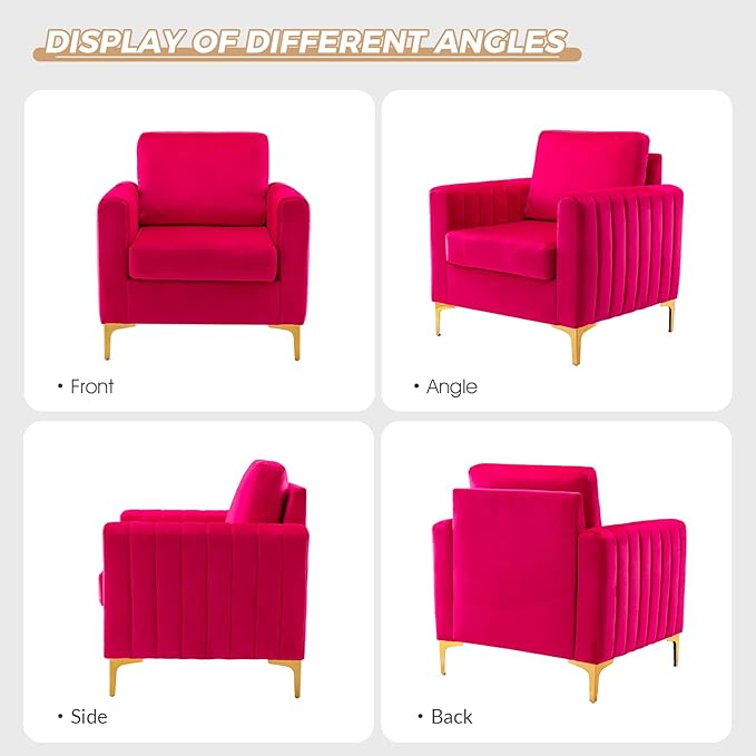 HULALA HOME Velvet Accent Club Chairs Set of 2, Modern Velvet Armchair Upholstered Accent Club Chairs Sofa Chairs with Gold Metal Legs Mid-Century Barrel Leisure Comfy Reading Armchair, Fuchsia