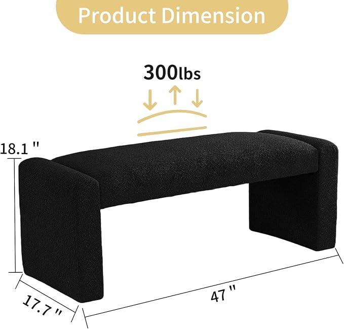 SIMTONAL Black Entryway Bench with Solid Wood Frame, 47" Boucle Window Seat Upholstered End of Bed Bench for Bedroom Living Room - Image 2
