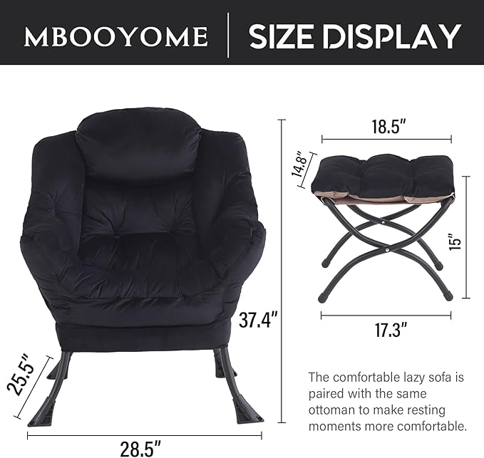 MBOOYOME Lazy Chair with Folding Ottoman, Modern Accent Lounge Armchair with Armrests, a Side Pocket & Foldable Footstool, Leisure Reading Chair for Living Room, Bedroom, Dorm & Office, Velvet Black