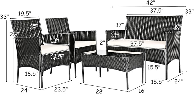 4 Pieces Patio Furniture Set, Outdoor Conversation Set with Ergonomic Curved Backrest, Patio Chair Set with Water-Resistant Cushion & Tempered Glass Table for Balcony, Porch, Pool (Beige)