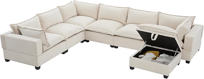 Merax Modern U-Shaped Modular Couch Set with Storage Ottoman, Chenille 7-Seat Sectional Sofa Sleeper Bed with Wide Seat for Living Room, Free Combination,Off White