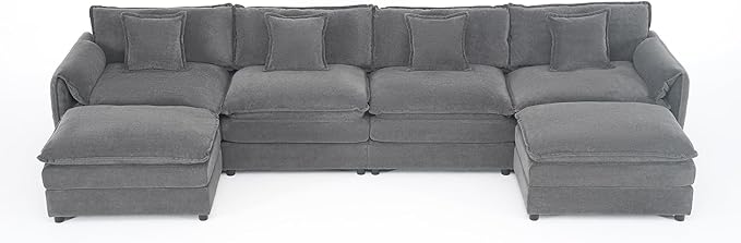 143-Inch U-Shaped Sectional Cloud Sofa Oversized Modular 6 Seaters Sofa Couch with 2 Ottoman Chaise and Pillow Armrest, Chenille Upholstered Convertible Cloud Couch