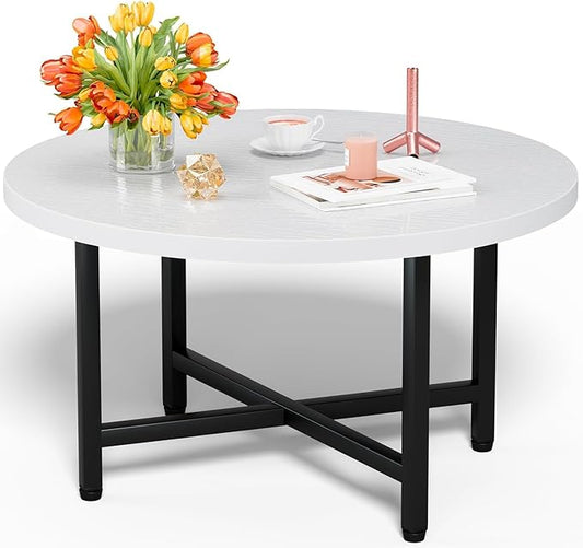 Round Coffee Table, Small Coffee Tables for Living Room, Low Wood Coffee Table with Metal Frame, Floor Table Desk for Sitting on The Floor, Home, Office, White(23.6" D x 17.7" H)