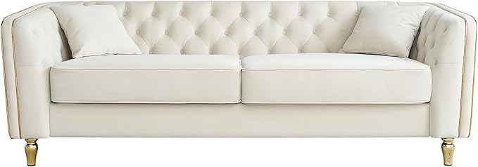 KEIKI 87" Chesterfield Velvet Button Tufted Sofa with High Density Foam Cushions, Modern Style 3-Seater Couch with Gold Strip Trim Decoration, Easy Assembly, for Apartment, Living Room, Office, Beige