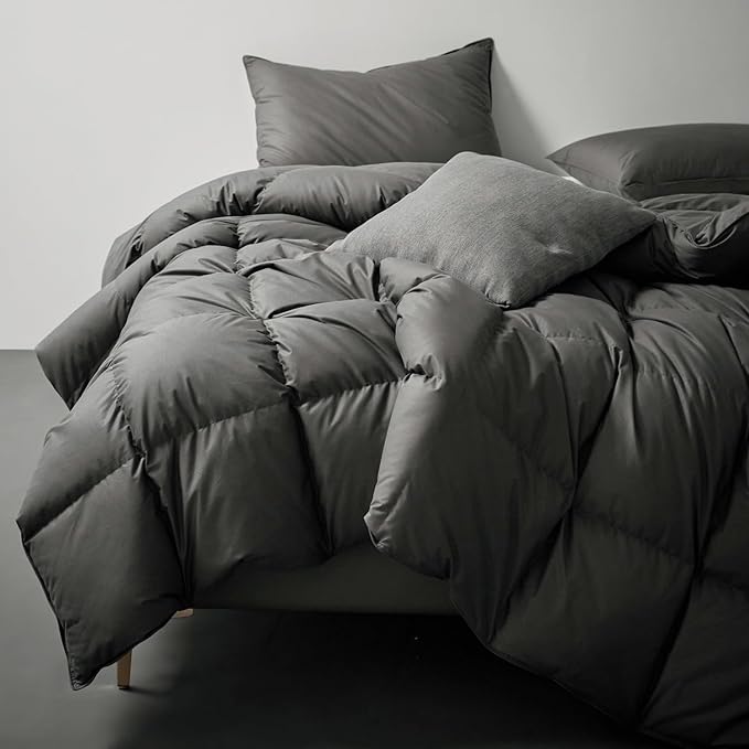 Royoliving Premium Feathers Down Duvet Insert Comforter Queen Size Charcoal Gray All Season Medium Warmth Grey 100% Cotton Cover with Corner Tabs (90x90, 50 oz)