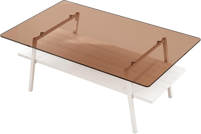 IANIYA Glass Coffee Table for Living Room Small Gold Mid Century Coffee Table for Living Room with Wood Shelves (White Frame, Brown Glass + White Wood)