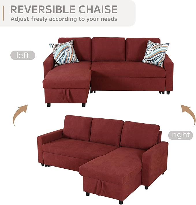L-Shaped Sleeper Sofa with Chaise Lounge & Storage, Pull-Out Couch Bed with Recliner, Full Size Futon for Living Room, Office, Apartment Red