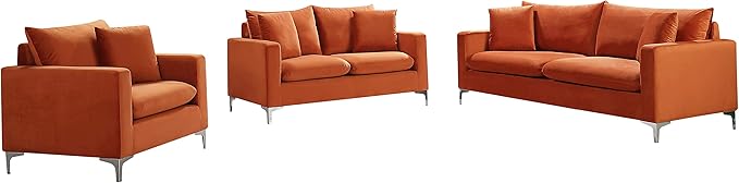 Meridian Furniture 633Cognac-S Naomi Collection Modern | Contemporary Velvet Upholstered Sofa with Deep Channel Tufting and Rich Gold Stainless Steel Legs, Cognac, 81.5" W x 33.5" D x 30" H