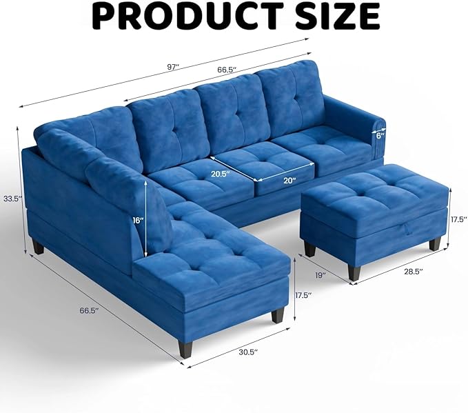 Modern L-Shape Sofa with Storage Ottoman, 3-Piece Flannel Sectional Couch Set for Living Room, Contemporary Upholstered Couch Set with Solid Wood Frame for Apartment, Blue