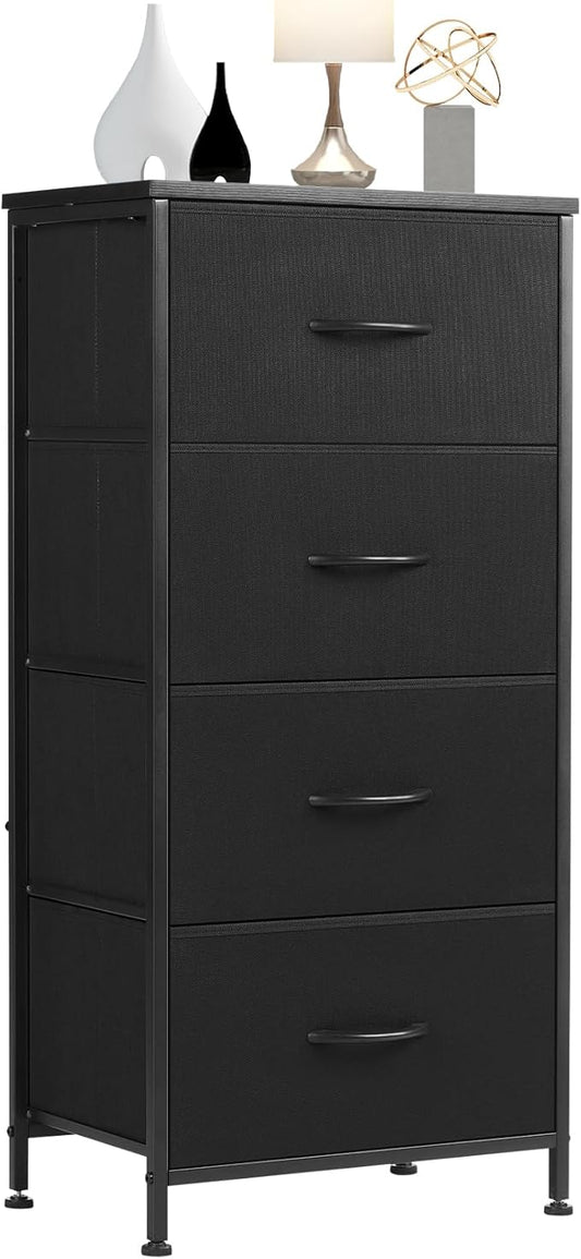 Simple Deluxe 4 Drawer Dresser, Fabric Storage Tower Organizer with Sturdy Steel Frame and Wood Top, Easy Pull Handles, for Bedroom, Entryway, Hallway, Black