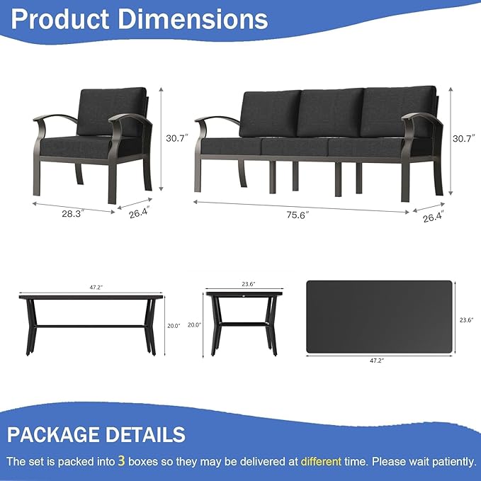 Aluminum Outdoor Patio Furniture Set,5 Seats Patio Conversation Sets with Rectangular Coffee Table,Metal Patio Sectional Furniture Set with 5.1" Thickened Cushions,Black