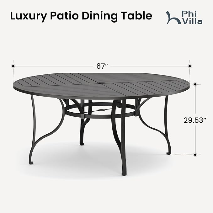 PHI VILLA 67" Outdoor Round Table for 8, Large Metal Wrought Iron Patio Dining Table with Umbrella Hole, All Weather Furniture for Outside Deck, Yard, Porch - Black - Image 2