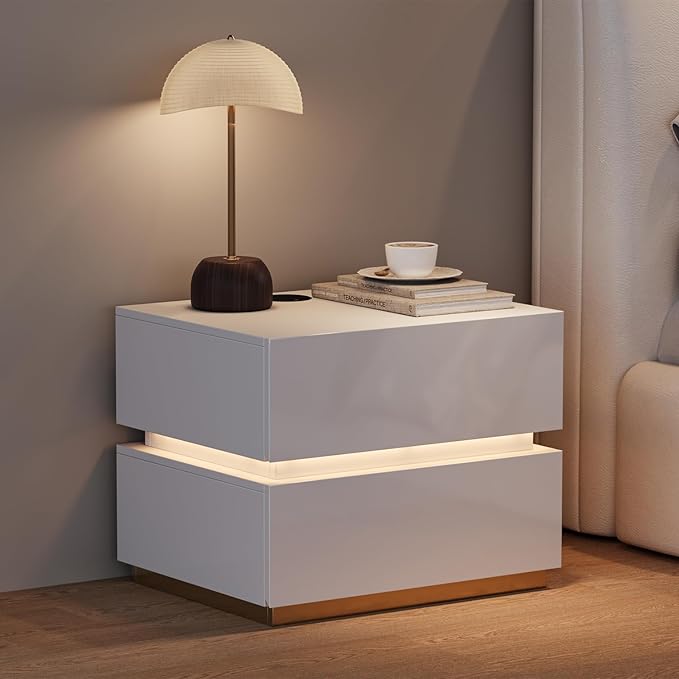 homary Smart Nightstand with LED Light, Wireless Charging Station, USB & Type-C Ports, 2 Drawers – Modern White Bedside Table for Bedroom Storage by Homary