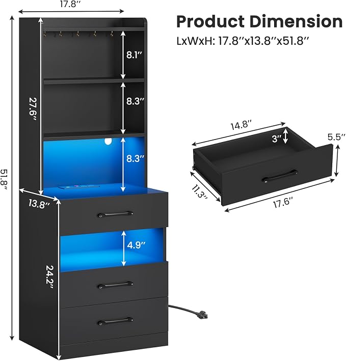 VIAGDO Tall Nightstand Set of 2 with Charging Station and LED Lights, Black Night Stand Set 2 with Bookshelf, Modern LED Bedside Tables with 3 Drawers and Storage Shelves, Side Tables for Bedrooms - Image 2