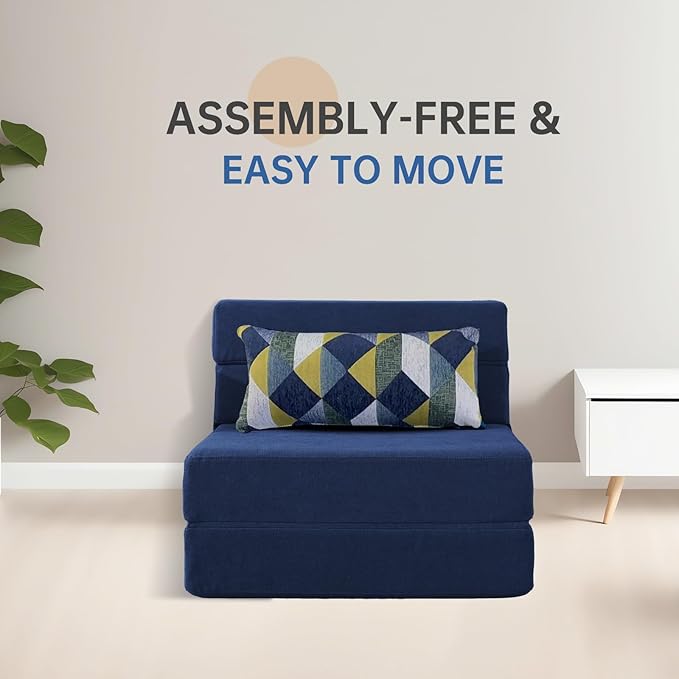 Folding Sofa Bed with Pillow Memory Foam Convertible Sleeper Chair Bed Couch Futon Lazy for Living Room Home Office Guest Beds Apartment Upstairs Loft, Single Size, Dark Blue