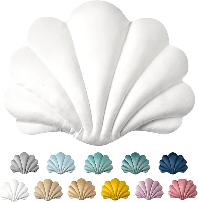 Ashler 3D Throw Pillows Shell Shaped Accent Throw Pillow, Soft Velvet Insert Included Cushion for Couch Bed Living Room, Pack of 1, Off White, 18 X 13 inches