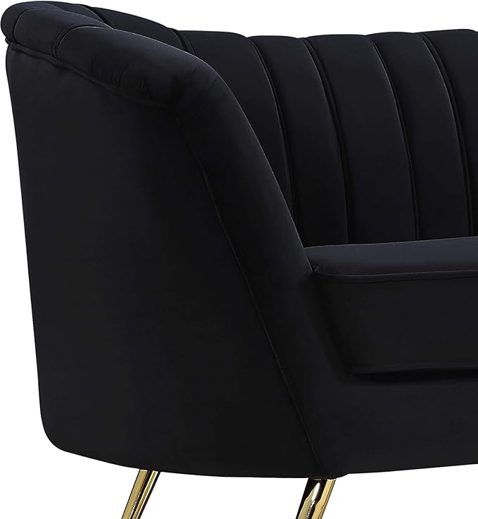 Meridian Furniture Margo Collection Modern | Contemporary Velvet Upholstered Loveseat with Deep Channel Tufting and Rich Gold Stainless Steel Legs, Black, 65" W x 30" D x 33" H