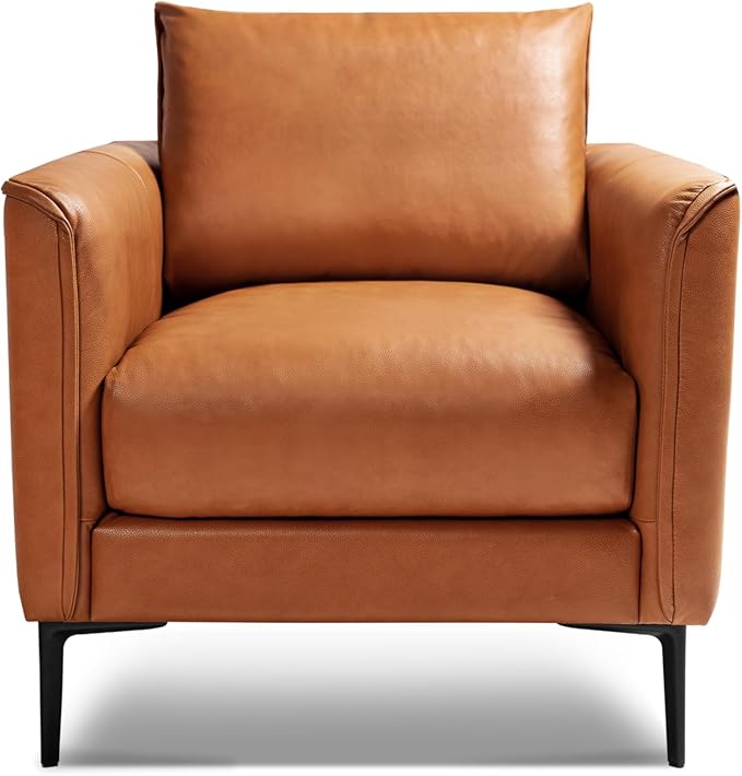 Valencia Jasper Cognac Tan Brown 34" Full Nappa Leather Accent Chair | Mid Century Single Leather Chair for Living Room Furniture | Plush Removable Cushions, Lounge Couch