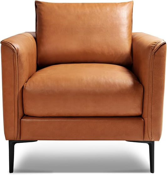 Valencia Jasper Cognac Tan Brown 34" Full Nappa Leather Accent Chair | Mid Century Single Leather Chair for Living Room Furniture | Plush Removable Cushions, Lounge Couch