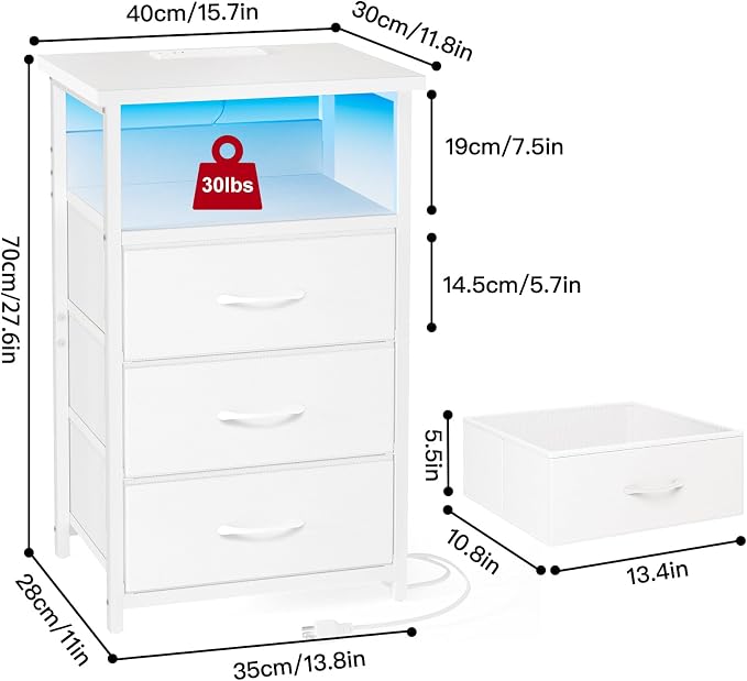 Fixwal White Nightstand with Charging Station, LED Night Stand with 3 Fabric Drawers and Open Shelf, Bedside End Table in Bedroom - Image 3