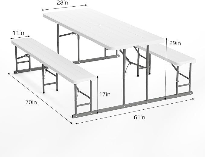 VINGLI Folding Picnic Table and Bench Set, Portable Outdoor Dining Furniture for Camping, Patio, Backyard, Wood Grain Plastic Top with Metal Frame (White) - Image 9