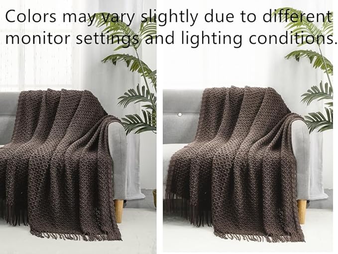 CREVENT Farmhouse Boho Knitted Throw Blanket for Couch Sofa Chair Bed Home Decoration, Soft Warm Cozy Light Weight for Spring Summer Fall (50''X60'' Chocolate)