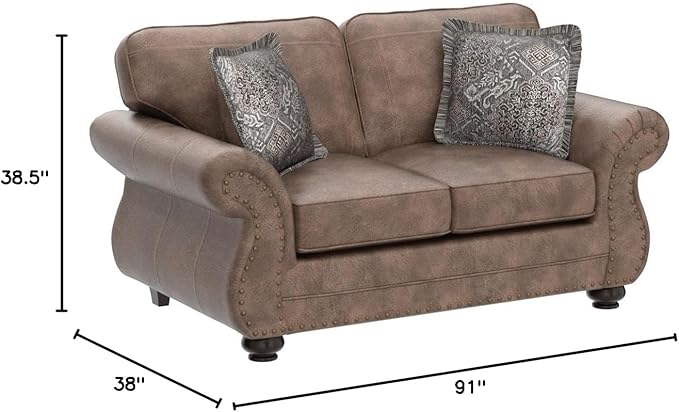 Leinster Faux Leather Sofa and Loveseat with Antique Bronze Nailheads in Jetson Ginger
