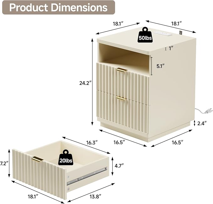 Night Stand Set 2, Nightstand with Charging Station, Night Stand with Open Shelf and 2 Drawers for Bedroom, Side Table Bedside Table with USB Ports & Outlets, Small Nightstand End Table - Image 2